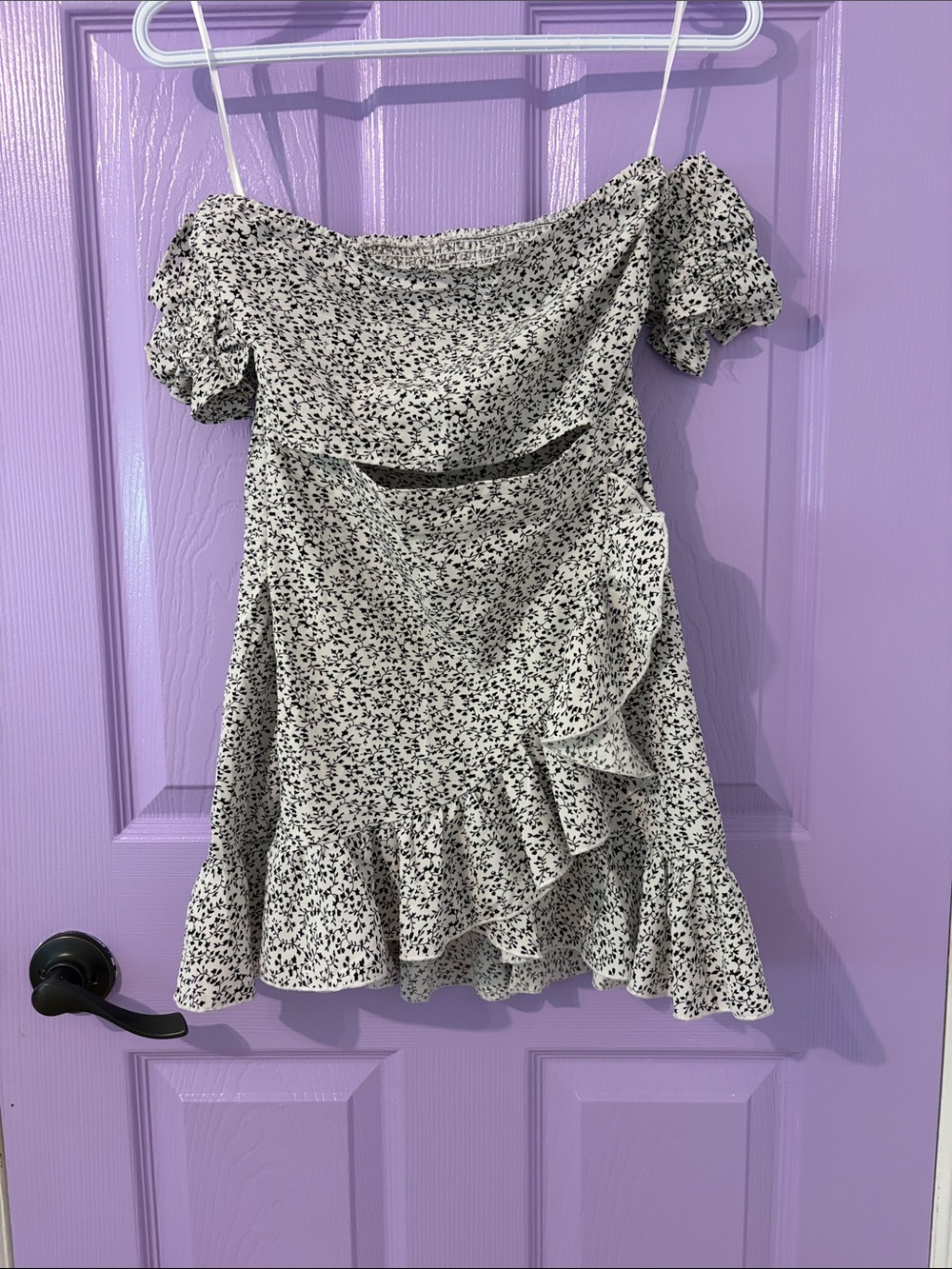 Altar'd State Black and White Floral Off-Shoulder Ruffle Mini Dress